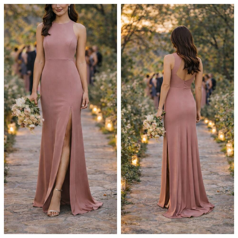 Dessy Collection 3029 Diamond Cutout Back Trumpet Gown Rose Pink Sz 8 Bridesmaid